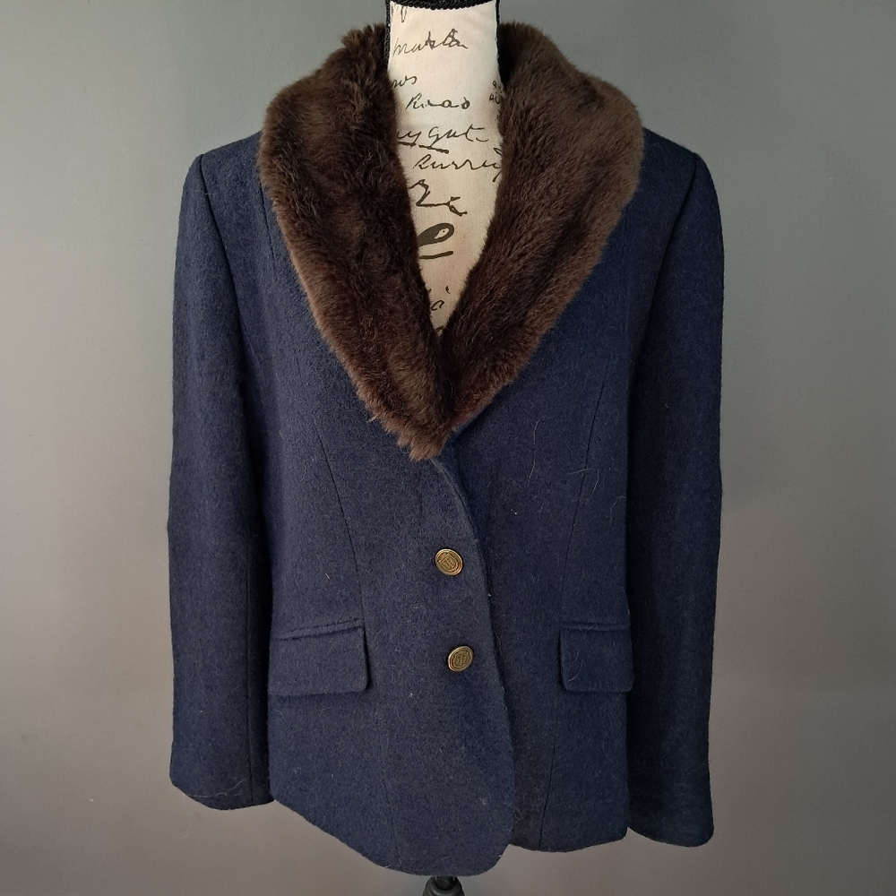 Talbots Womens Aberdeen Navy Blue Faux Fur Collar Wool Blend Jacket Blazer 16